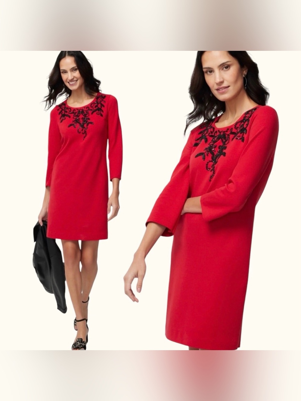 Chico’s Size 3 (XL 16/18) NWT Red Beaded Holiday Shift Dress Knee Length